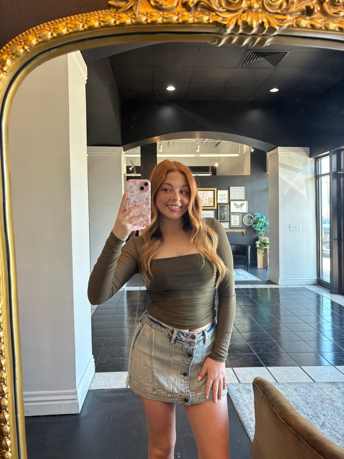 Ruched Square Neck Sheer Top- Olive-110 - TOPS - LONG SLEEVE-LEATHER & LACE-[option4]-[option5]-[option6]-Leather & Lace Boutique Shop