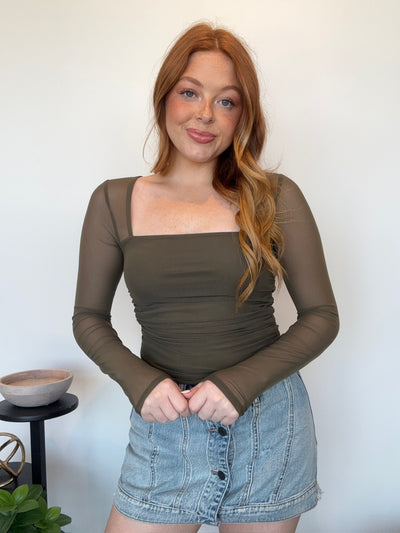 Ruched Square Neck Sheer Top- Olive-110 - TOPS - LONG SLEEVE-LEATHER & LACE-[option4]-[option5]-[option6]-Leather & Lace Boutique Shop