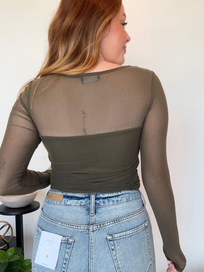Ruched Square Neck Sheer Top- Olive-110 - TOPS - LONG SLEEVE-LEATHER & LACE-[option4]-[option5]-[option6]-Leather & Lace Boutique Shop