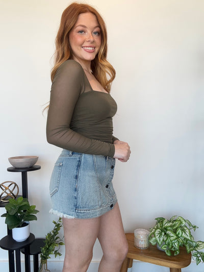 Ruched Square Neck Sheer Top- Olive-110 - TOPS - LONG SLEEVE-LEATHER & LACE-[option4]-[option5]-[option6]-Leather & Lace Boutique Shop