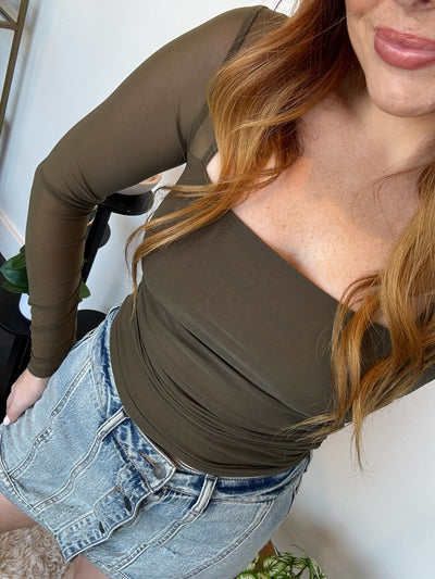 Ruched Square Neck Sheer Top- Olive-110 - TOPS - LONG SLEEVE-LEATHER & LACE-[option4]-[option5]-[option6]-Leather & Lace Boutique Shop