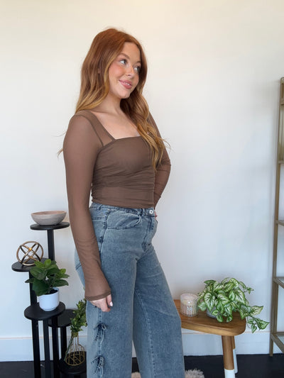 Ruched Square Neck Sheer Top- Chocolate-110 - TOPS - LONG SLEEVE-LEATHER & LACE-[option4]-[option5]-[option6]-Leather & Lace Boutique Shop