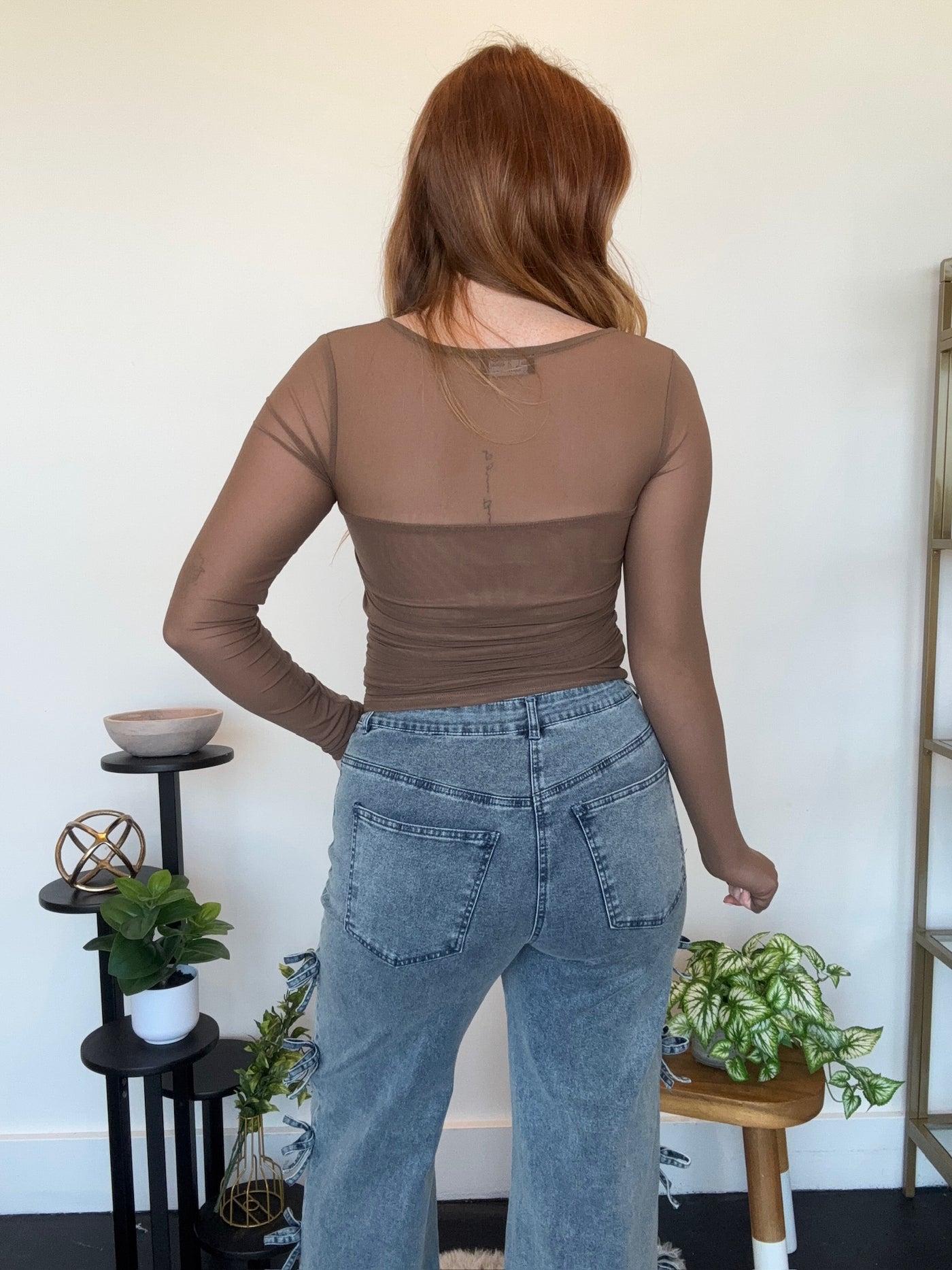 Ruched Square Neck Sheer Top- Chocolate-110 - TOPS - LONG SLEEVE-LEATHER & LACE-[option4]-[option5]-[option6]-Leather & Lace Boutique Shop