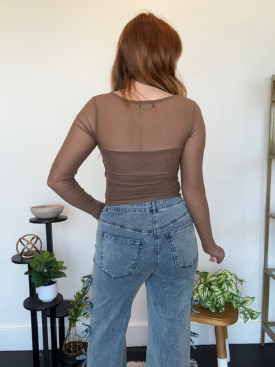 Ruched Square Neck Sheer Top- Chocolate-110 - TOPS - LONG SLEEVE-LEATHER & LACE-[option4]-[option5]-[option6]-Leather & Lace Boutique Shop