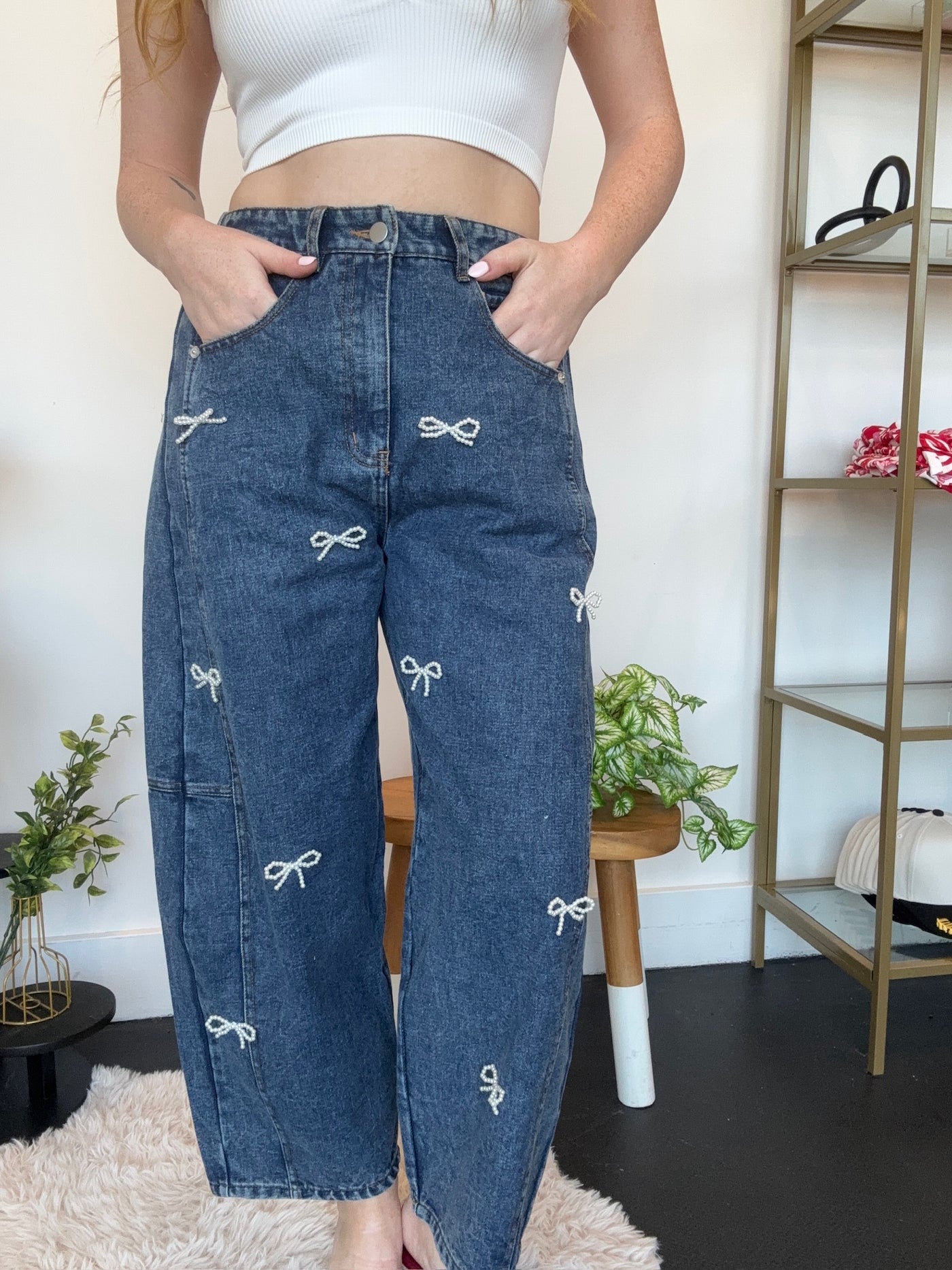 Pearl Bow Barrel Denim-150 - BOTTOMS - DENIM-LEATHER & LACE-[option4]-[option5]-[option6]-Leather & Lace Boutique Shop