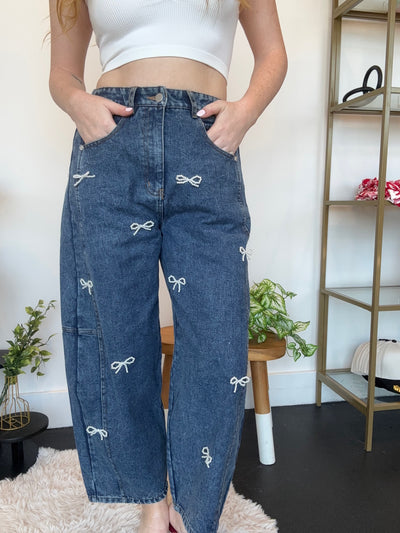 Pearl Bow Barrel Denim-150 - BOTTOMS - DENIM-LEATHER & LACE-[option4]-[option5]-[option6]-Leather & Lace Boutique Shop