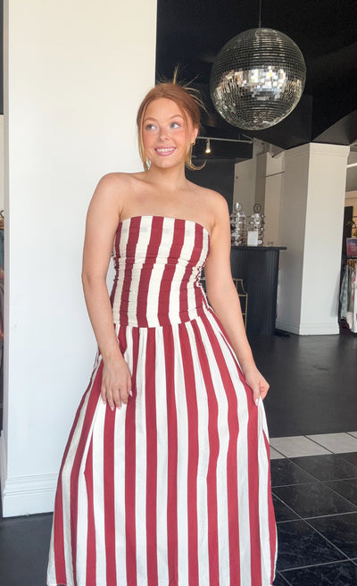 Vertical Stripe Strapless Midi Dress-170 - DRESSES-EDGEMINE-[option4]-[option5]-[option6]-Leather & Lace Boutique Shop