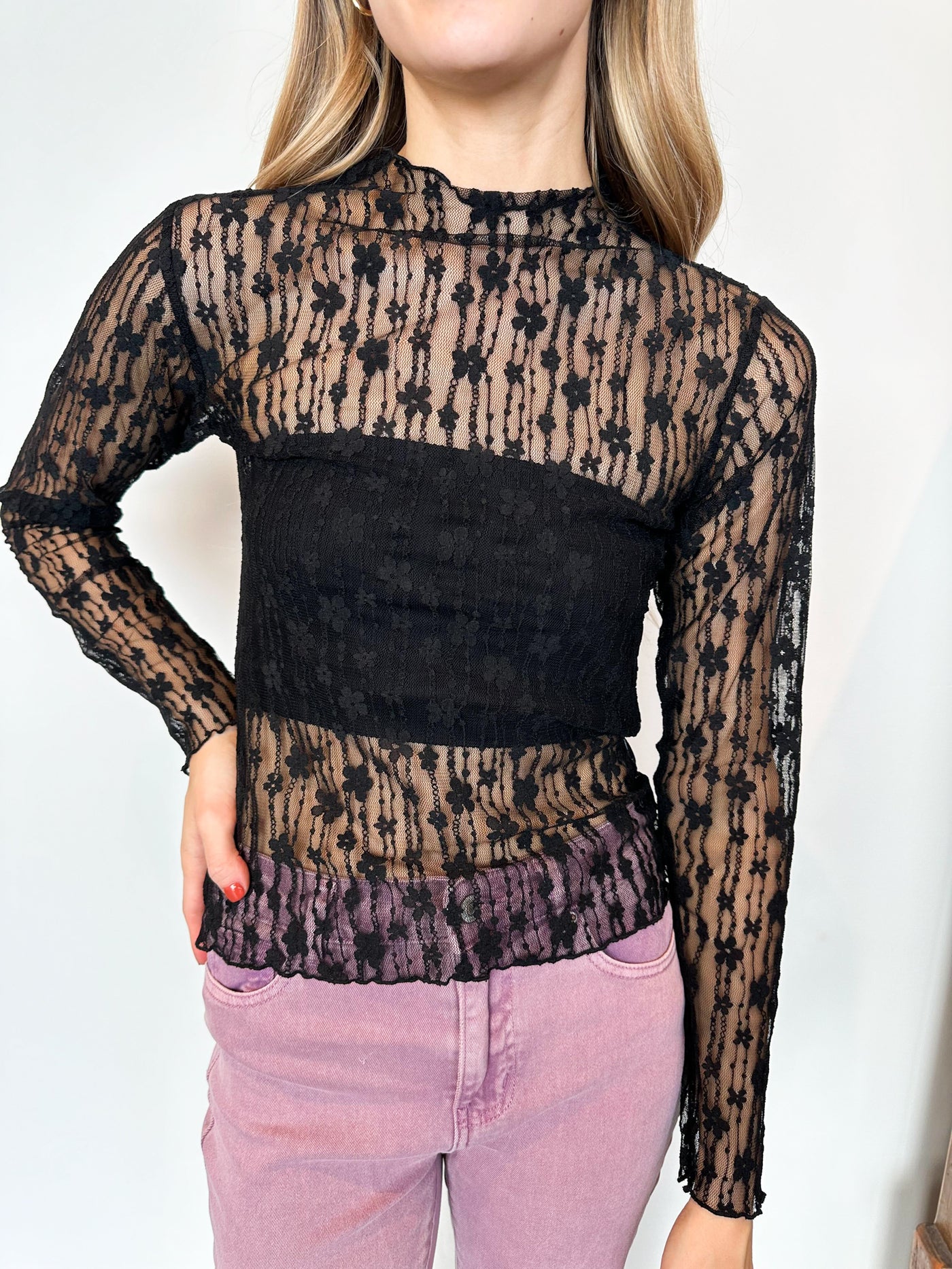 Floral Mesh Layering Top - Black-110 - TOPS - LONG SLEEVE-EASEL-[option4]-[option5]-[option6]-Leather & Lace Boutique Shop