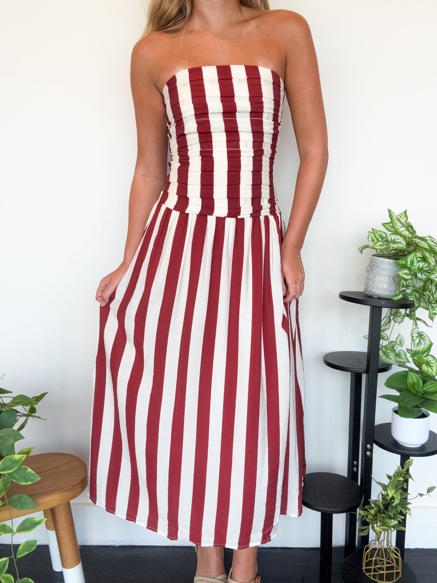 Vertical Stripe Strapless Midi Dress-170 - DRESSES-EDGEMINE-[option4]-[option5]-[option6]-Leather & Lace Boutique Shop