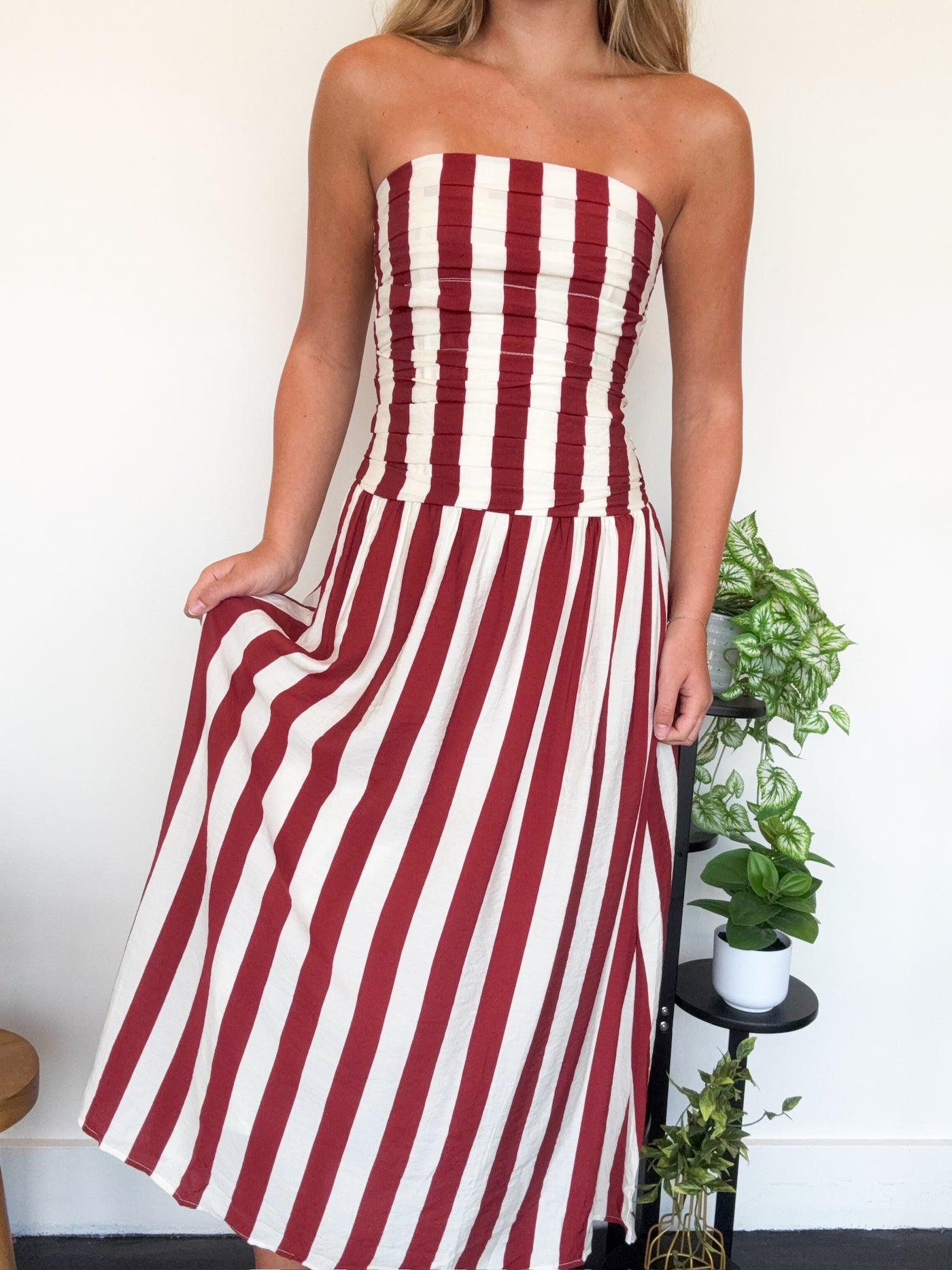 Vertical Stripe Strapless Midi Dress-170 - DRESSES-EDGEMINE-[option4]-[option5]-[option6]-Leather & Lace Boutique Shop