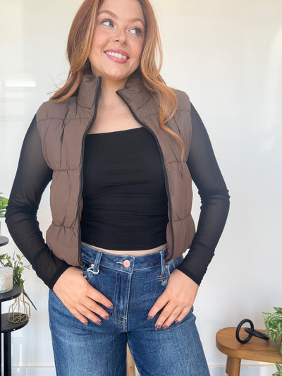 Contrast Puffer Vest- Mocha