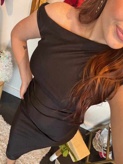 Asymmetrical Ruched Midi Dress- Black