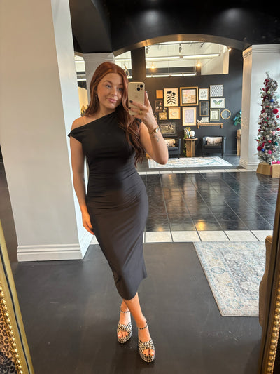 Asymmetrical Ruched Midi Dress- Black