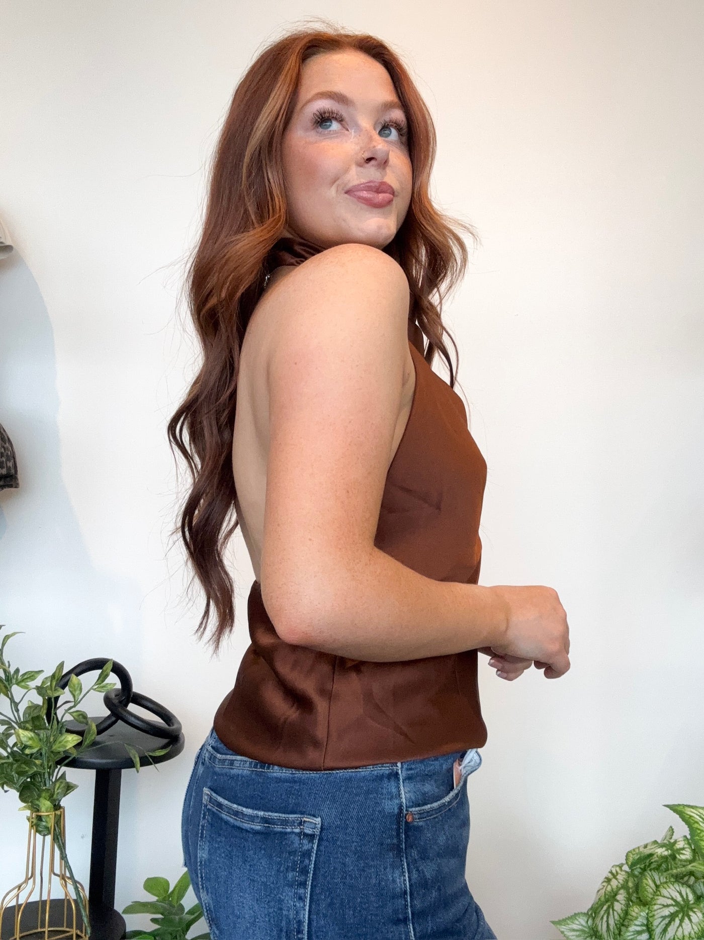 Satin Cowl Neck Halter Top- Mocha