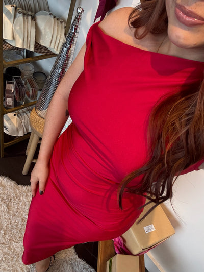 Asymmetrical Ruched Midi Dress- Red