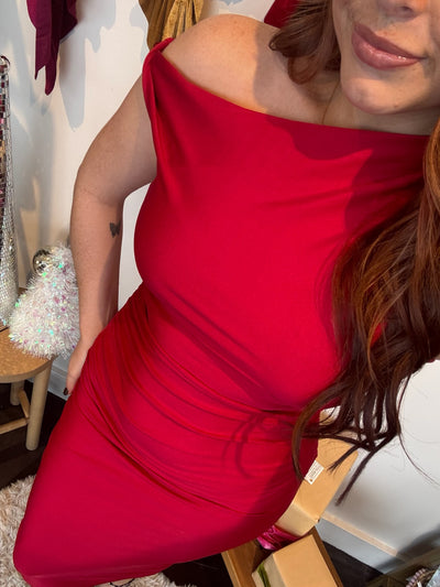 Asymmetrical Ruched Midi Dress- Red