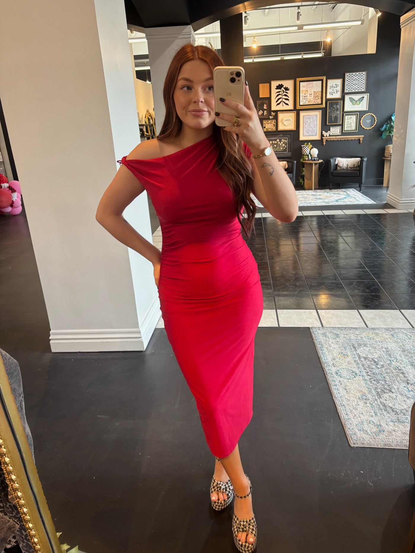 Asymmetrical Ruched Midi Dress- Red