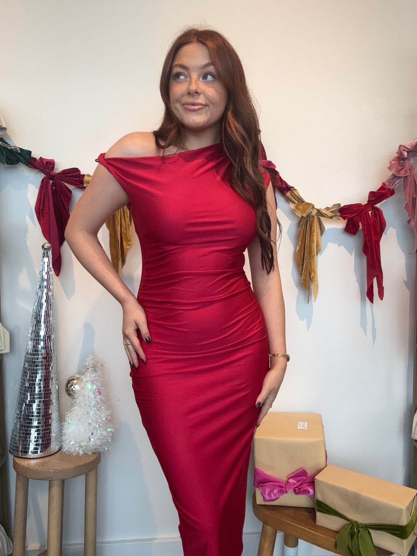 Asymmetrical Ruched Midi Dress- Red