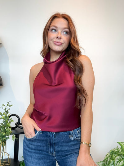 Satin Cowl Neck Halter Top- Wine