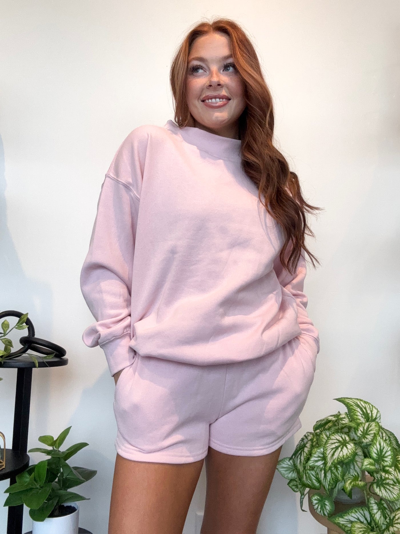 Basic Mock Neck Sweatshirt- Light Pink