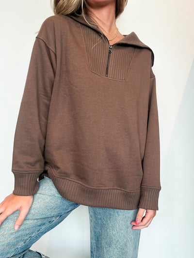 French Terry Quarter Zip Pullover- Mocha-130 - TOPS - SWEATERS/SWEATSHIRTS-RAE MODE-[option4]-[option5]-[option6]-Leather & Lace Boutique Shop