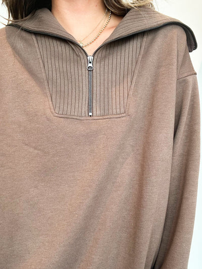 French Terry Quarter Zip Pullover- Mocha-130 - TOPS - SWEATERS/SWEATSHIRTS-RAE MODE-[option4]-[option5]-[option6]-Leather & Lace Boutique Shop