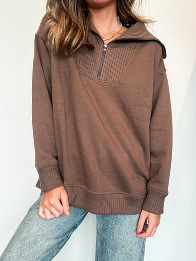 French Terry Quarter Zip Pullover- Mocha-130 - TOPS - SWEATERS/SWEATSHIRTS-RAE MODE-[option4]-[option5]-[option6]-Leather & Lace Boutique Shop