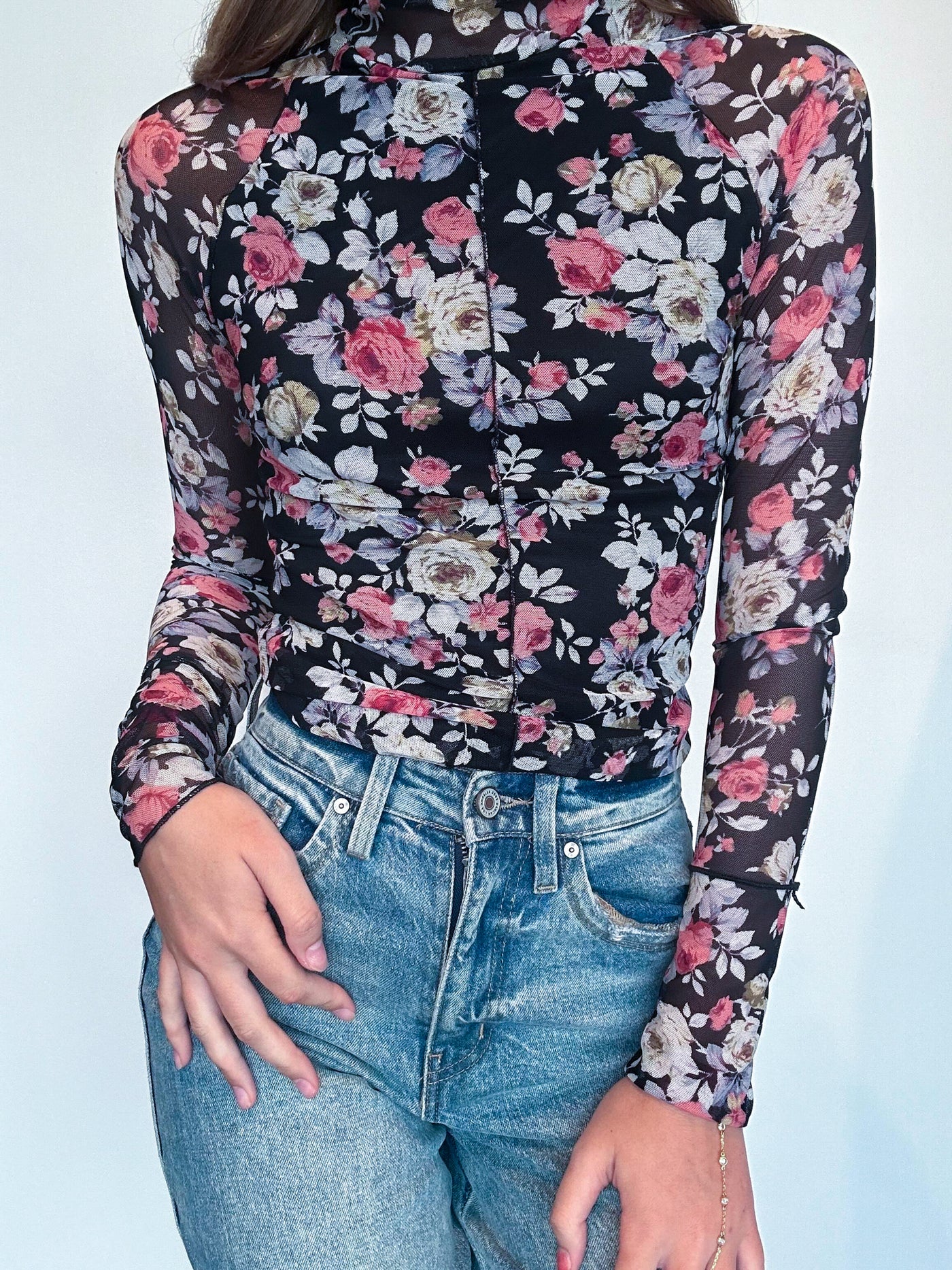 floral mesh top long sleeve