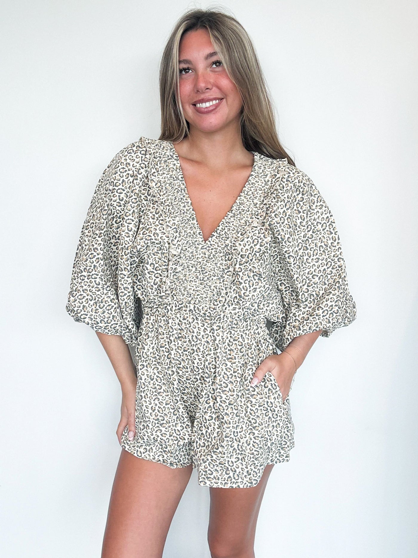 Smocked Leopard Romper-170 - ROMPERS-BUCKETLIST-[option4]-[option5]-[option6]-Leather & Lace Boutique Shop