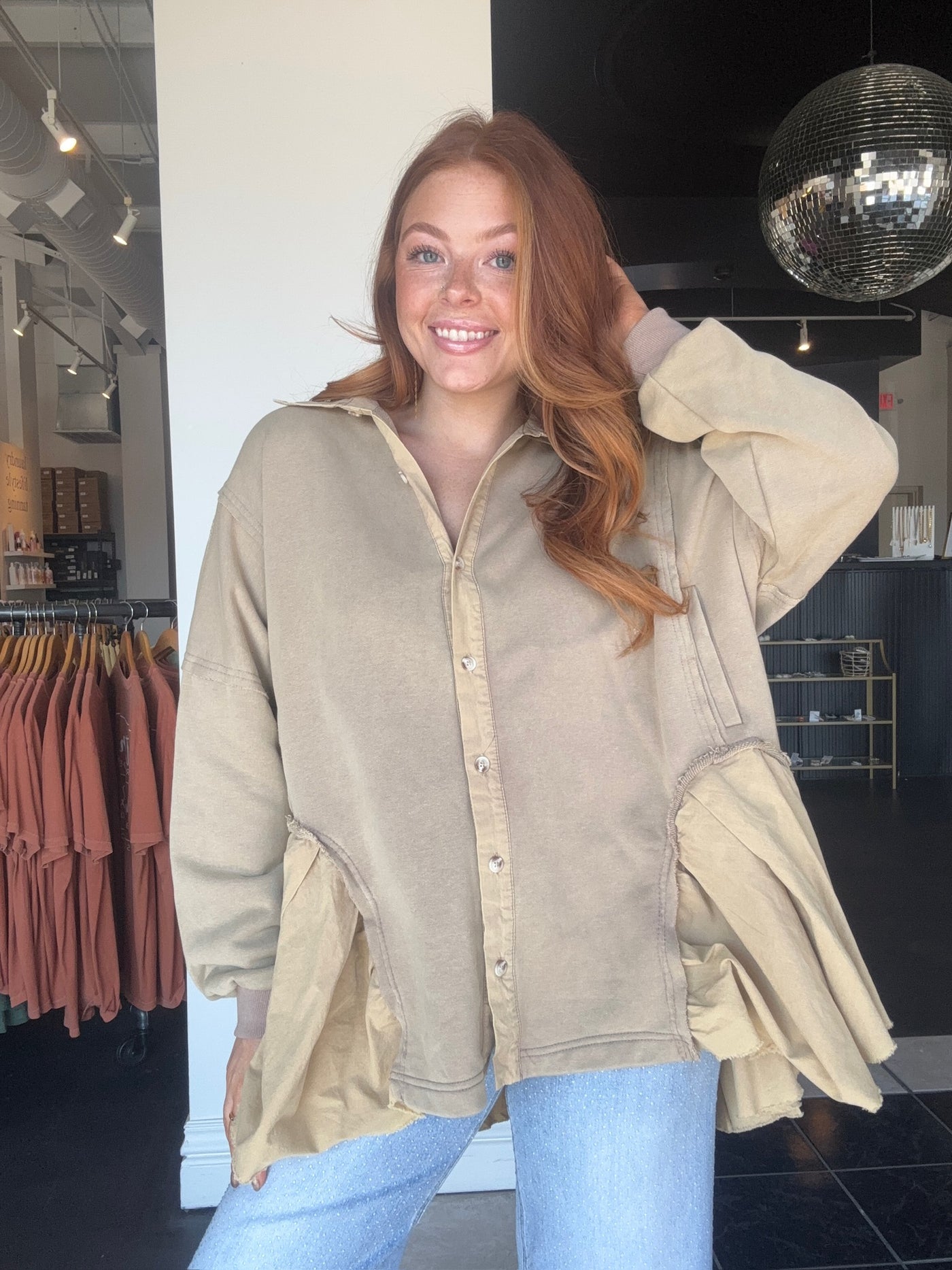Abigail Flowy Shacket- Taupe-110 - TOPS - LONG SLEEVE-SHE & SKY-[option4]-[option5]-[option6]-Leather & Lace Boutique Shop