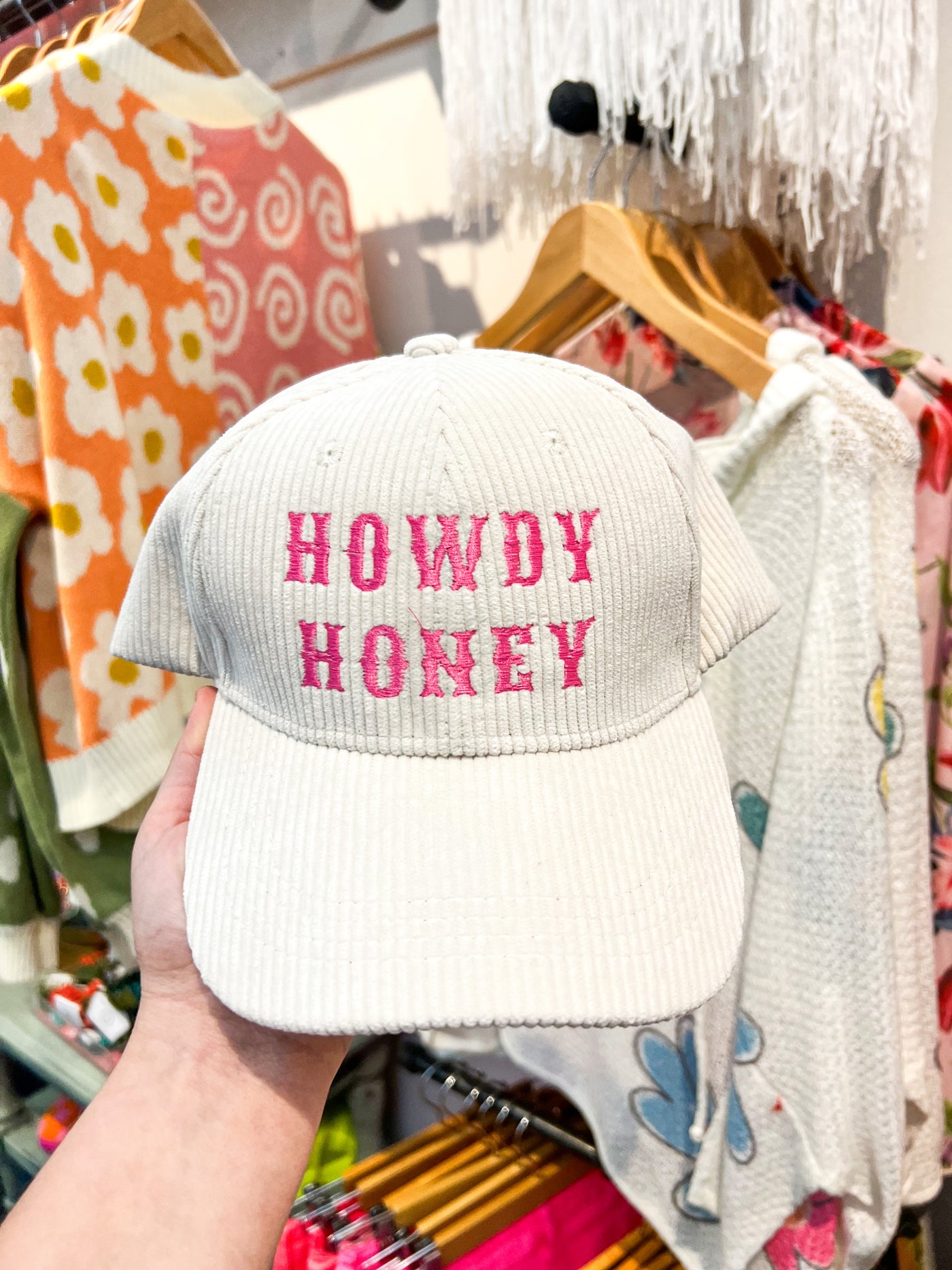Howdy Honey Embroidered Corded Hat- White-190 - ACCESSORIES - HATS/HEADWEAR-BABE-[option4]-[option5]-[option6]-Leather & Lace Boutique Shop