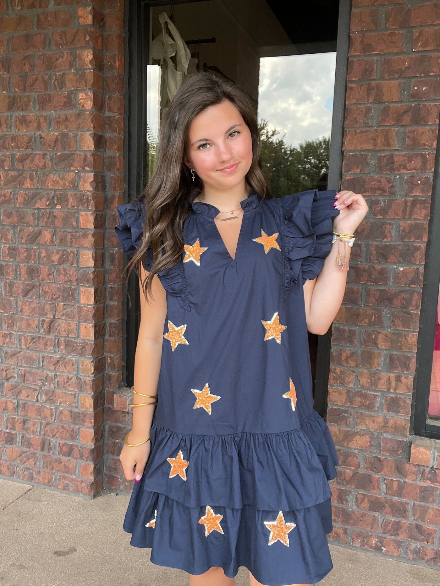 Sequin Star Ruffle Dress- Navy/Orange-170 - DRESSES / ROMPERS / SETS-Leather & Lace - Tuscaloosa/Birmingham-[option4]-[option5]-[option6]-Leather & Lace Boutique Shop