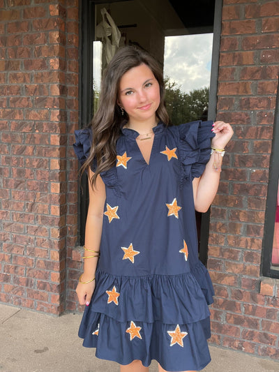 Sequin Star Ruffle Dress- Navy/Orange-Leather & Lace - Tuscaloosa/Birmingham-[option4]-[option5]-[option6]-Leather & Lace Boutique Shop