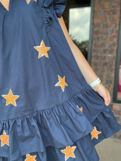 Sequin Star Ruffle Dress- Navy/Orange-Leather & Lace - Tuscaloosa/Birmingham-[option4]-[option5]-[option6]-Leather & Lace Boutique Shop