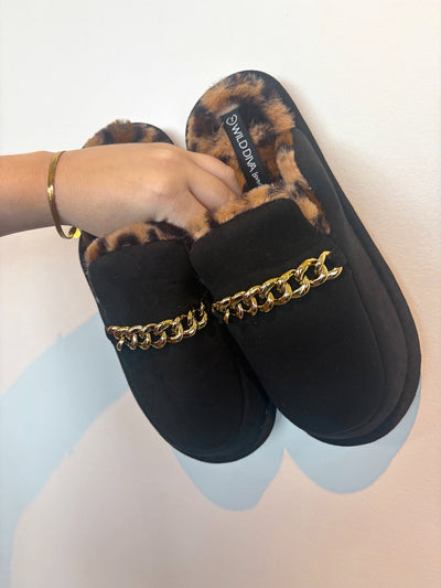 Chain Detail Animal Fur Lined Slides- Black-180 - SHOES-WILD DIVA-[option4]-[option5]-[option6]-Leather & Lace Boutique Shop