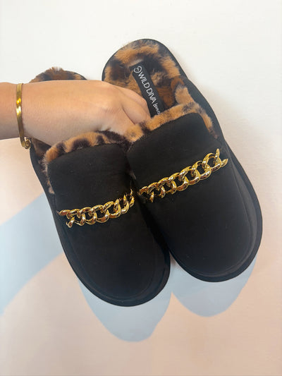 Chain Detail Animal Fur Lined Slides- Black-180 - SHOES-WILD DIVA-[option4]-[option5]-[option6]-Leather & Lace Boutique Shop