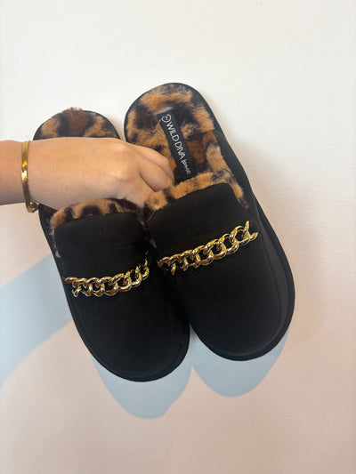 Chain Detail Animal Fur Lined Slides- Black-180 - SHOES-WILD DIVA-[option4]-[option5]-[option6]-Leather & Lace Boutique Shop