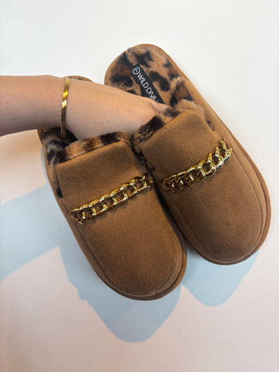 Chain Detail Animal Fur Lined Slides- Camel-180 - SHOES-WILD DIVA-[option4]-[option5]-[option6]-Leather & Lace Boutique Shop
