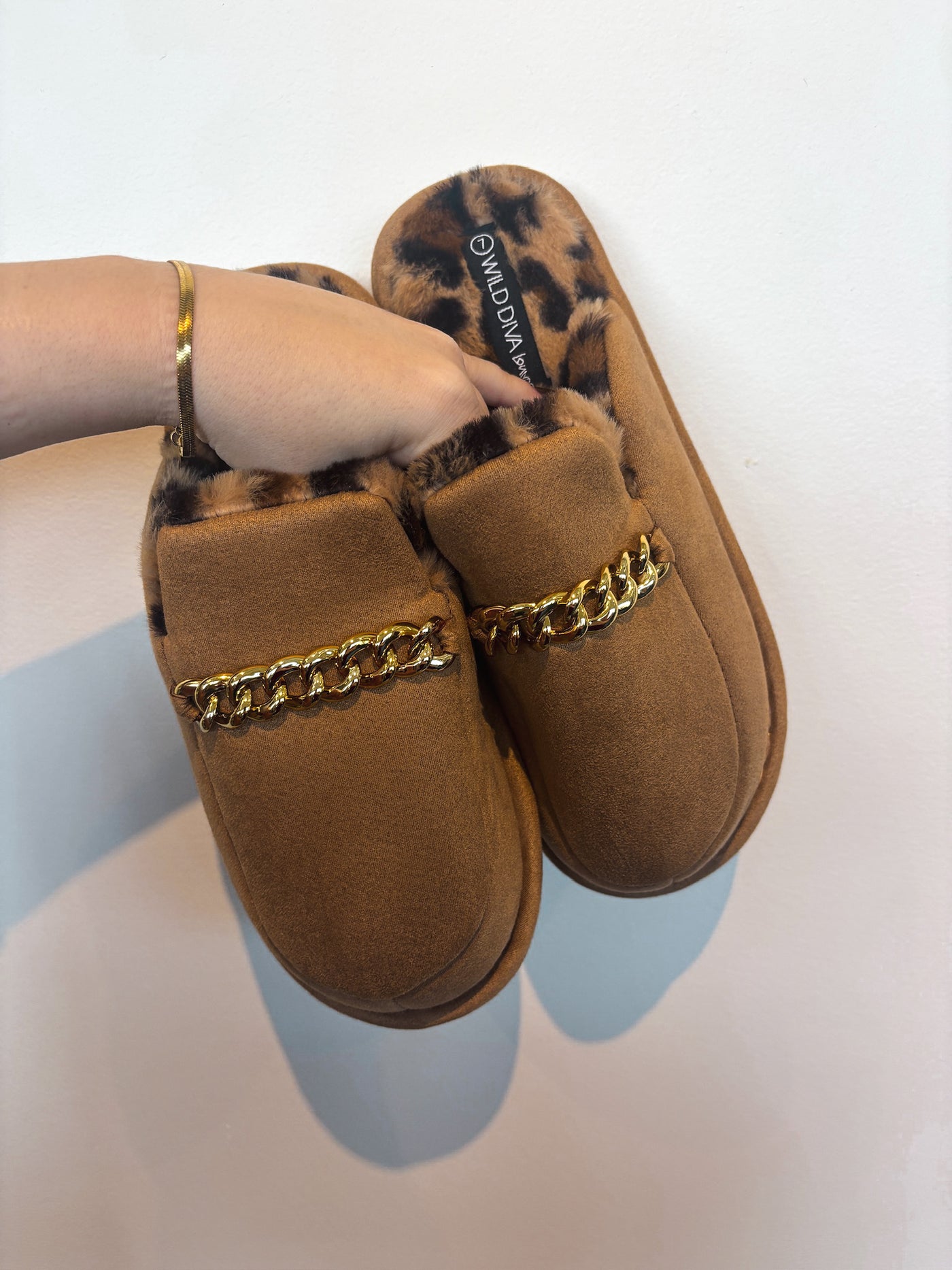 Chain Detail Animal Fur Lined Slides- Camel-180 - SHOES-WILD DIVA-[option4]-[option5]-[option6]-Leather & Lace Boutique Shop