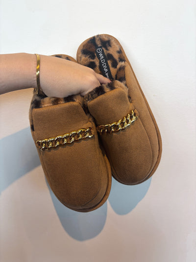 Chain Detail Animal Fur Lined Slides- Camel-180 - SHOES-WILD DIVA-[option4]-[option5]-[option6]-Leather & Lace Boutique Shop