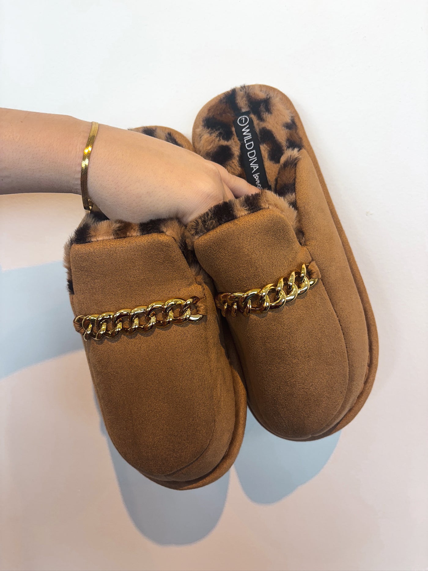 Chain Detail Animal Fur Lined Slides- Camel-180 - SHOES-WILD DIVA-[option4]-[option5]-[option6]-Leather & Lace Boutique Shop