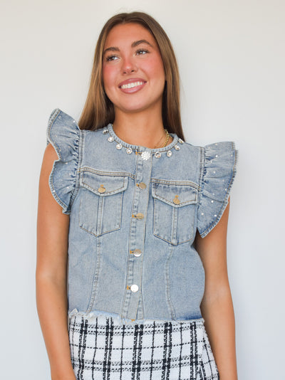 Denim Rhinestone Ruffle Vest-140 - TOPS - LAYERS/OUTERWEAR-MAIN STRIP-[option4]-[option5]-[option6]-Leather & Lace Boutique Shop