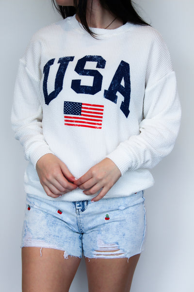 USA Ribbed Knit Crewneck-130 - TOPS - SWEATERS/SWEATSHIRTS-MIROH-[option4]-[option5]-[option6]-Leather & Lace Boutique Shop