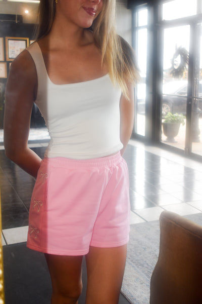 Bow Embroidered Lounge Shorts- Pink-160 - BOTTOMS - OTHER-MAIN STRIP-[option4]-[option5]-[option6]-Leather & Lace Boutique Shop
