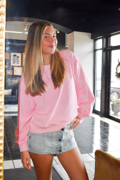 Bow Embroidered Crewneck- Pink-130 - TOPS - SWEATERS/SWEATSHIRTS-MAIN STRIP-[option4]-[option5]-[option6]-Leather & Lace Boutique Shop
