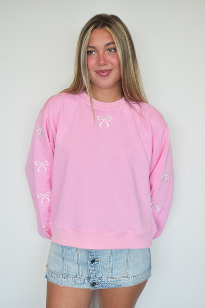 Bow Embroidered Crewneck- Pink-130 - TOPS - SWEATERS/SWEATSHIRTS-MAIN STRIP-[option4]-[option5]-[option6]-Leather & Lace Boutique Shop