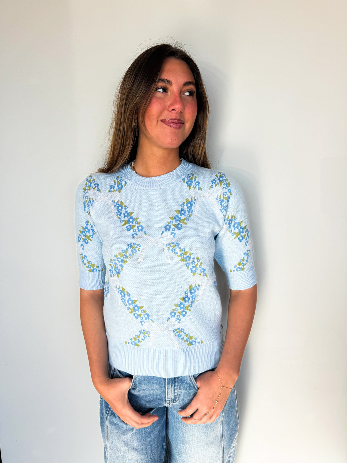 Floral Ribbon Short Sleeve Sweater-130 - TOPS - SWEATERS/SWEATSHIRTS-MAIN STRIP-[option4]-[option5]-[option6]-Leather & Lace Boutique Shop