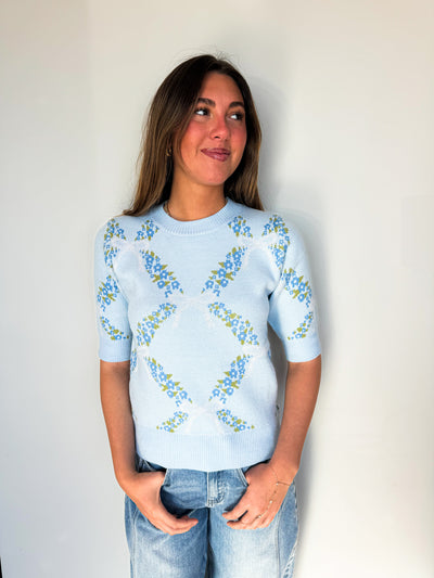Floral Ribbon Short Sleeve Sweater-130 - TOPS - SWEATERS/SWEATSHIRTS-MAIN STRIP-[option4]-[option5]-[option6]-Leather & Lace Boutique Shop