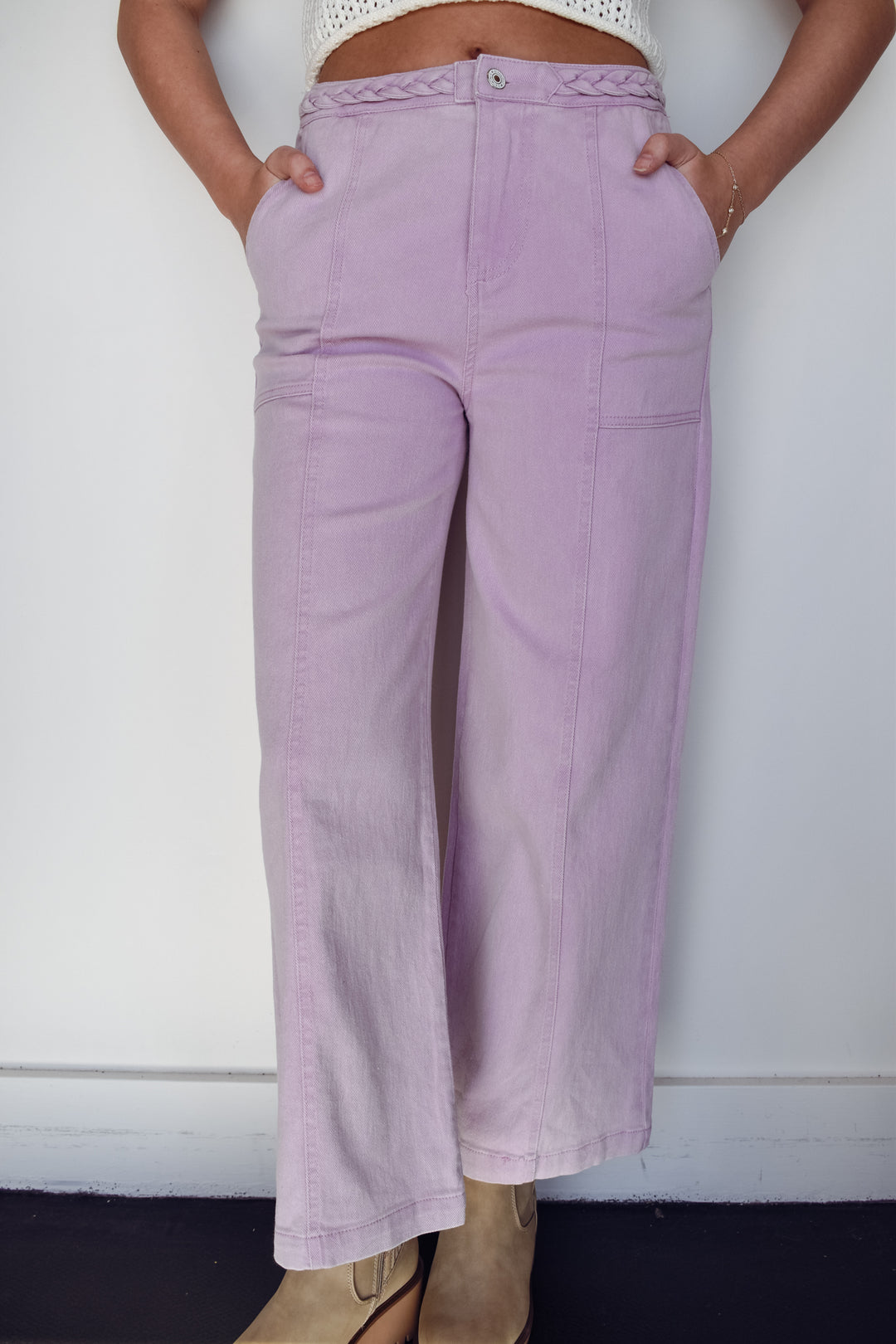 Braided Wide Leg Denim- Lilac Braided Wide Leg Denim- Lilac