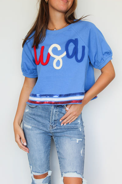 USA Terry Cropped Tee-120 - TOPS - GRAPHIC TEES-FANTASTIC FAWN-[option4]-[option5]-[option6]-Leather & Lace Boutique Shop